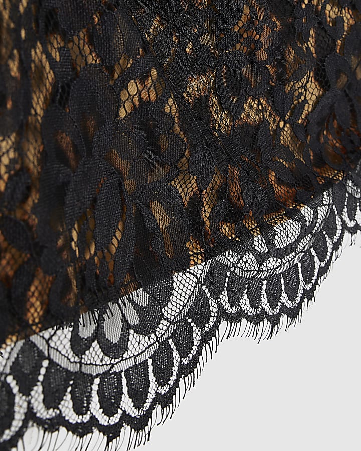 Brown Leopard Print Asymmetric Lace Hem Top