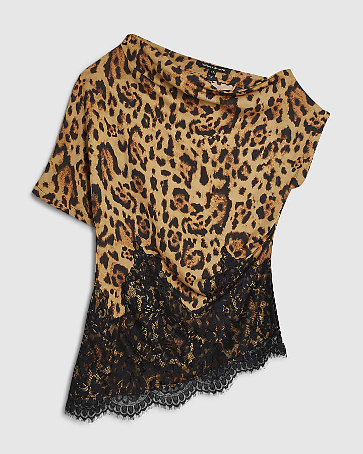 Brown Leopard Print Asymmetric Lace Hem Top