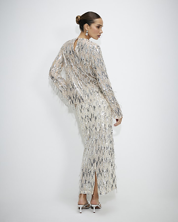 Cream Sequin Midi Skirt