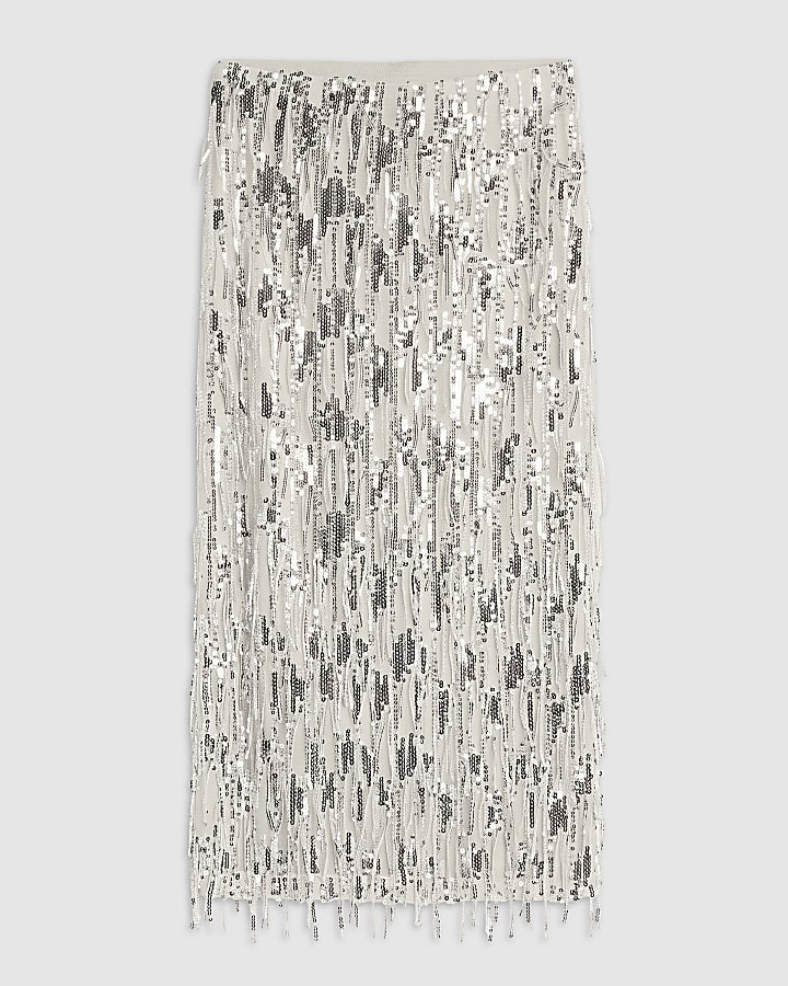 Cream Sequin Midi Skirt
