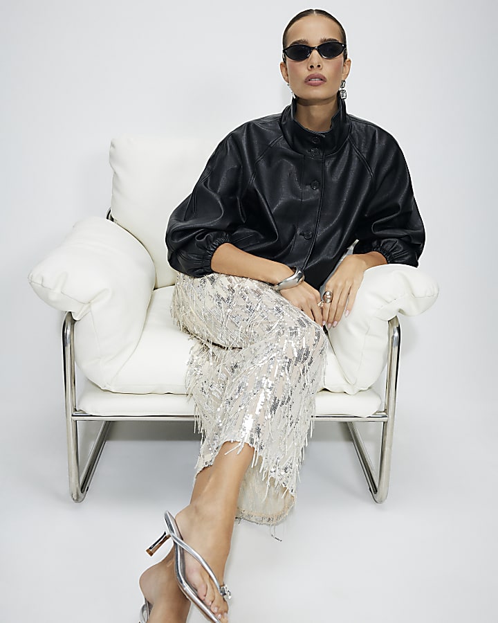 Cream Sequin Midi Skirt