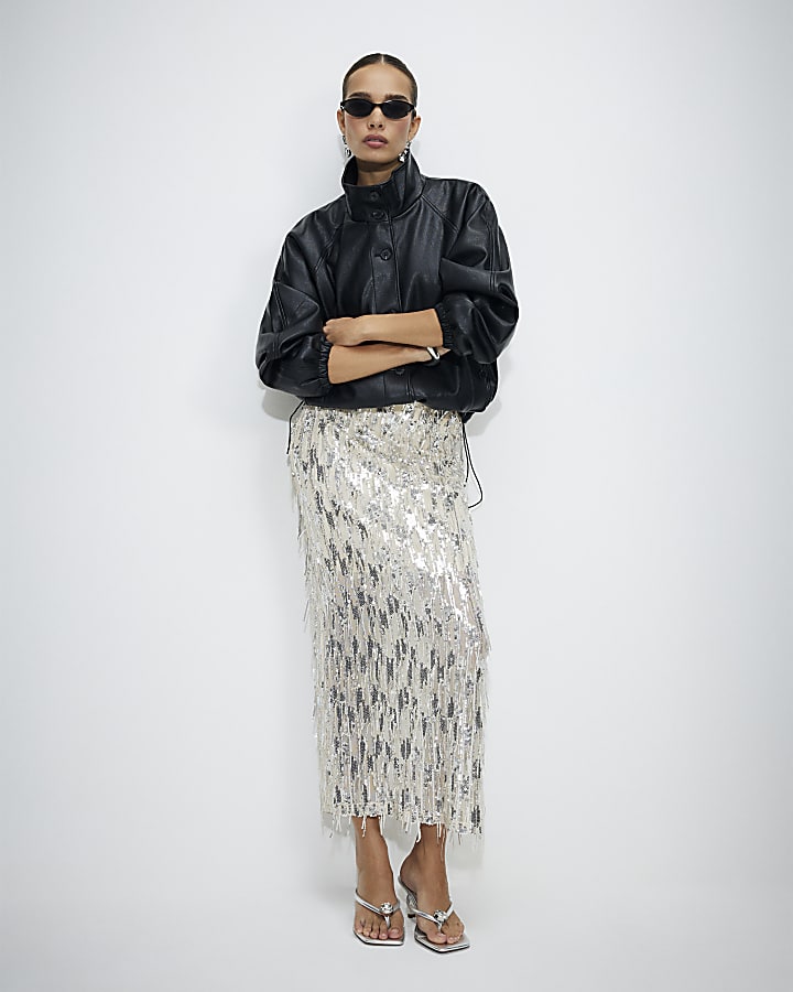 Cream Sequin Midi Skirt