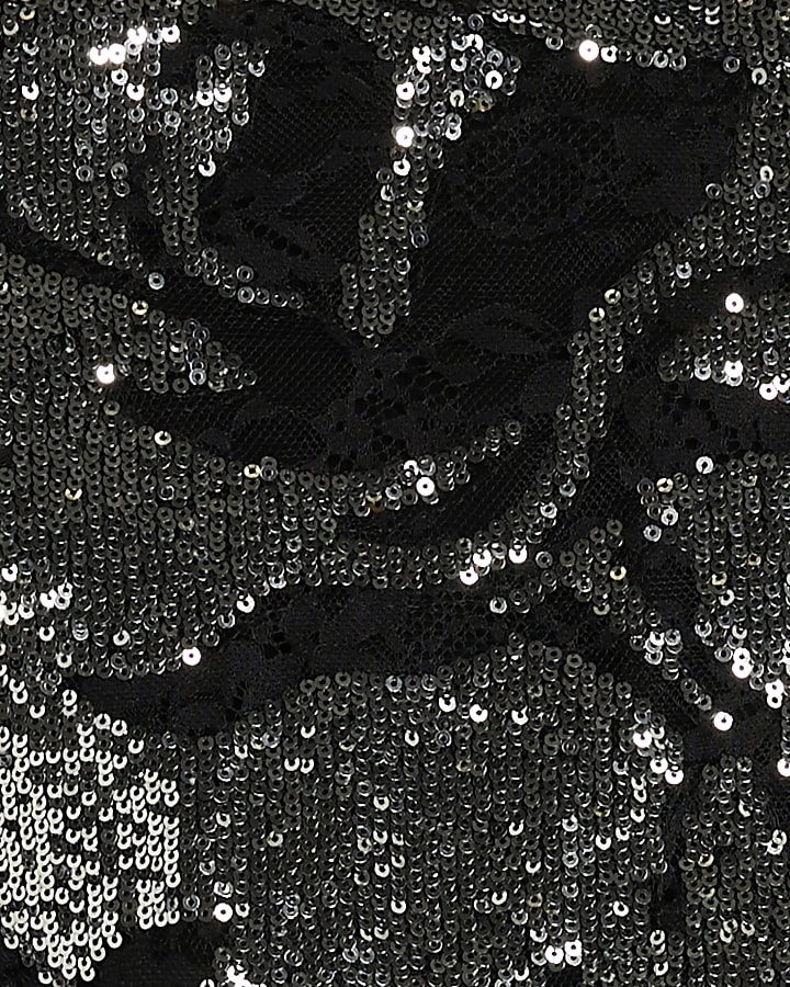 Black Sequin Floral High Neck Dress