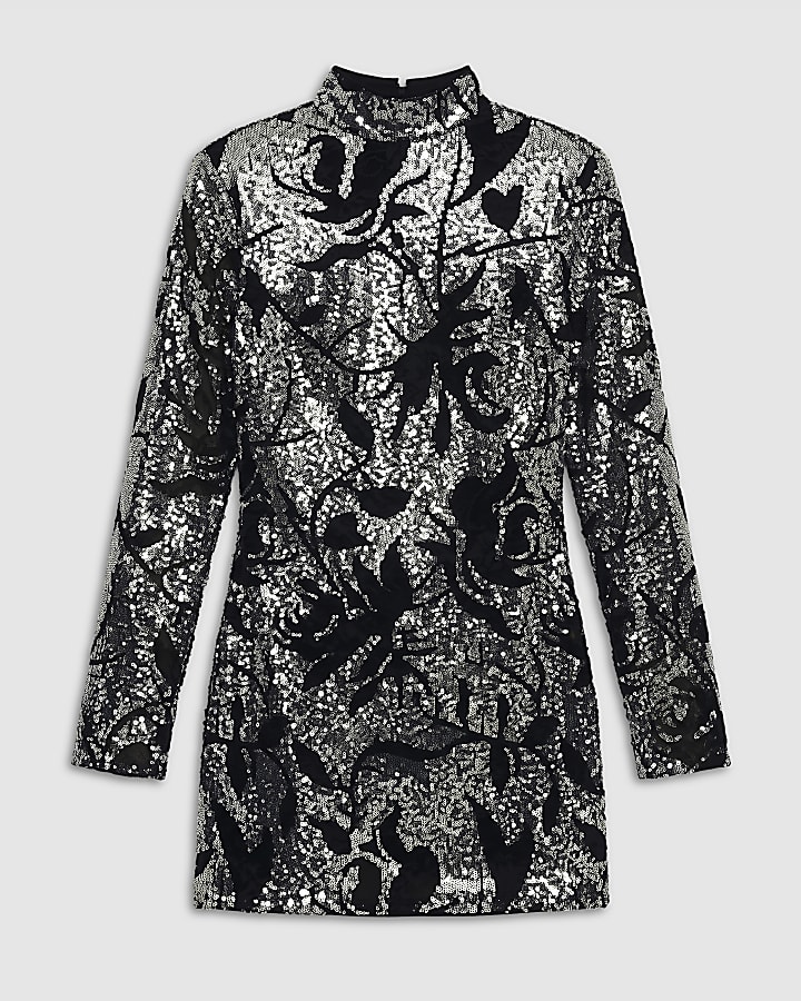 Black Sequin Floral High Neck Dress