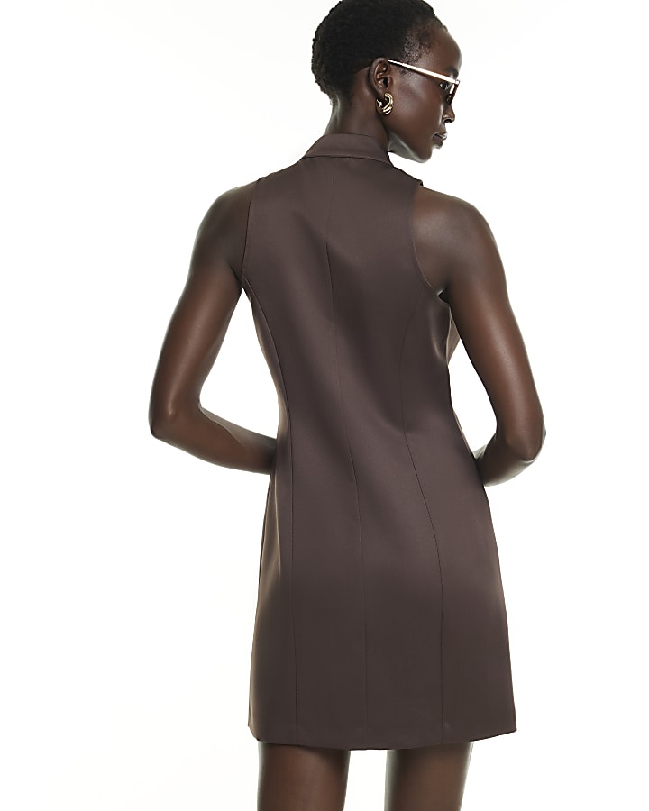 Brown Gold Button Waistcoat Mini Dress