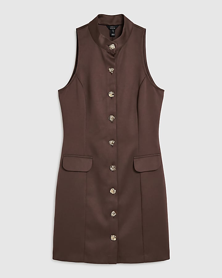 Brown Gold Button Waistcoat Mini Dress