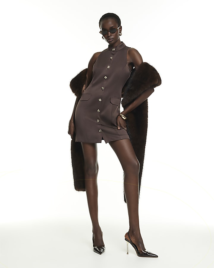 Brown Gold Button Waistcoat Mini Dress