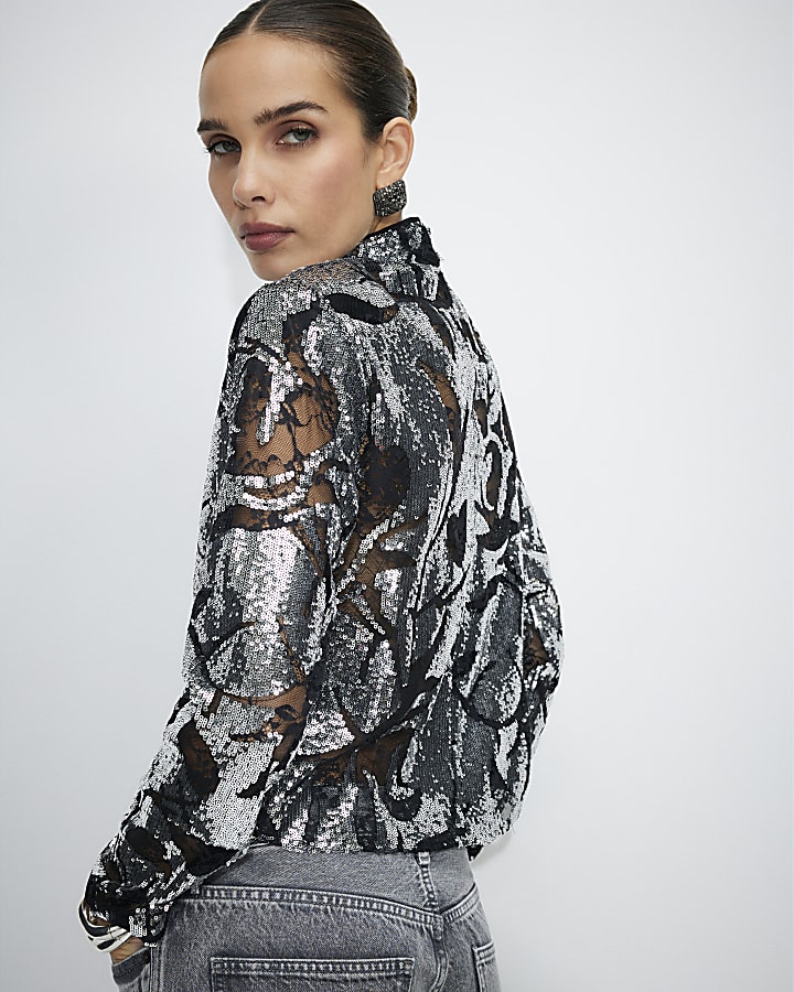 Black Sequin Funnel Neck Long Sleeve Top