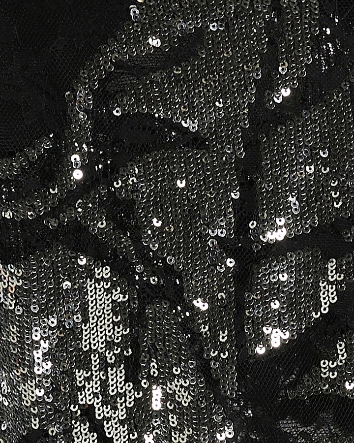 Black Sequin Funnel Neck Long Sleeve Top