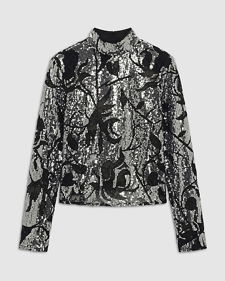 Black Sequin Funnel Neck Long Sleeve Top