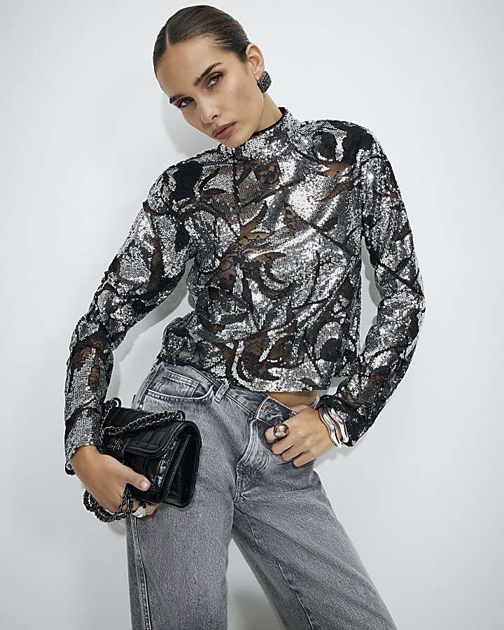 Black Sequin Funnel Neck Long Sleeve Top