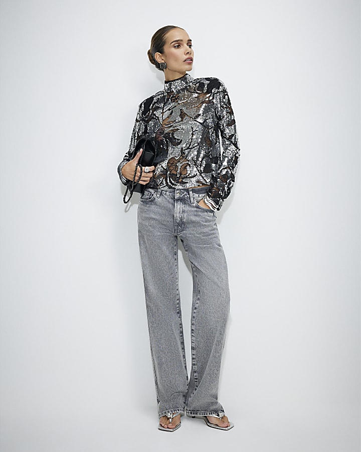 Black Sequin Funnel Neck Long Sleeve Top