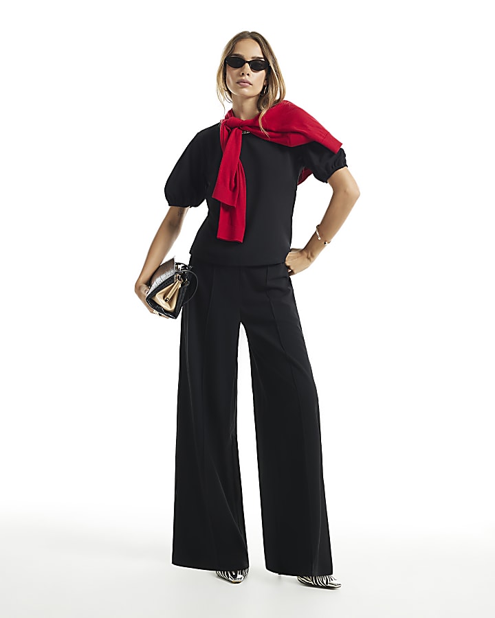 Black Pintuck Wide Leg Trouser