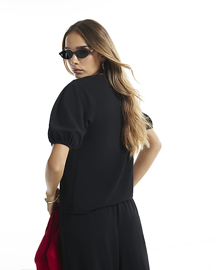 Black Short Sleeve Puff Sleeve Top