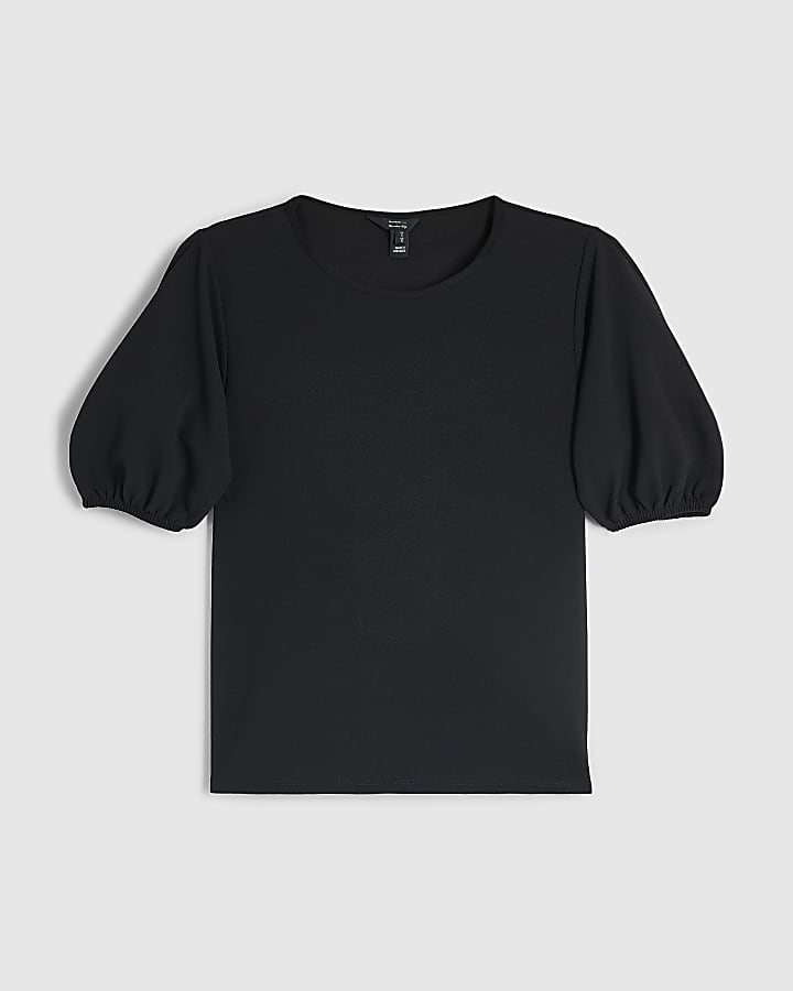 Black Short Sleeve Puff Sleeve Top