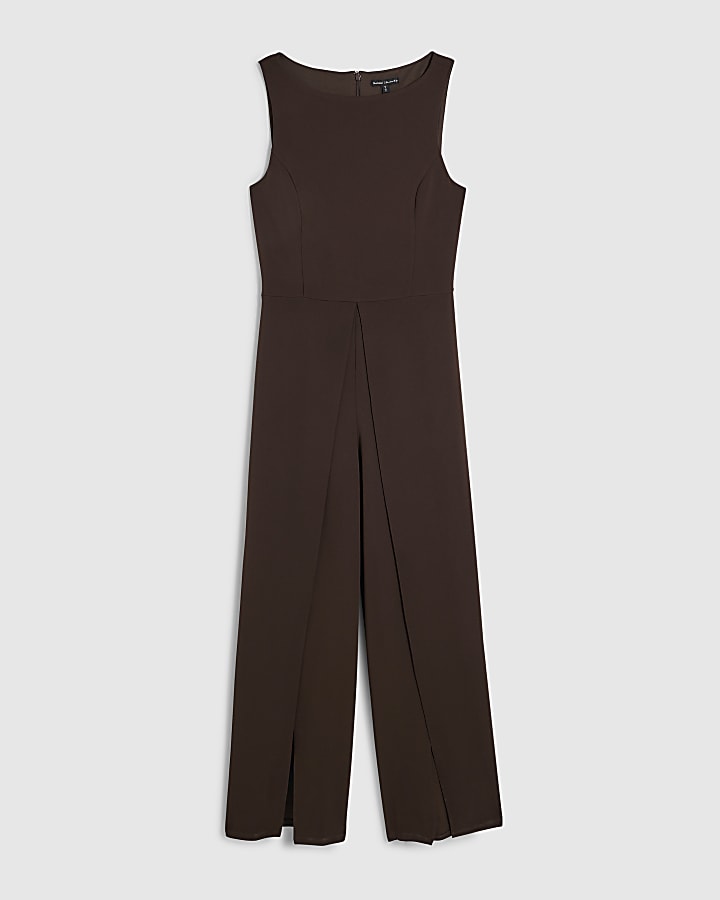 Brown Split Leg Racer Jumpsuit