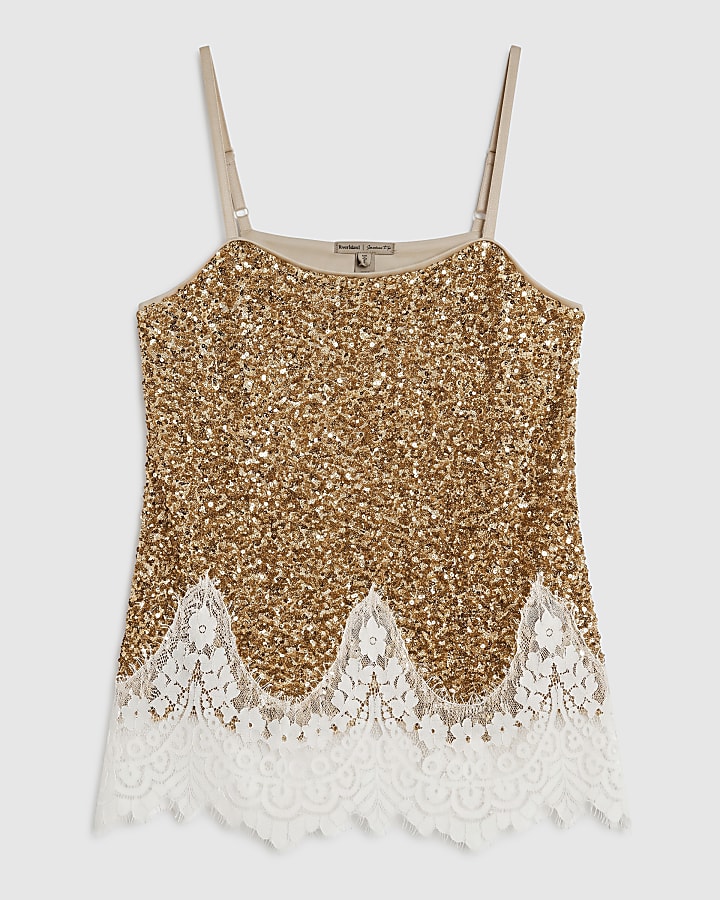 Gold Sequin Lace Trim Cami Top