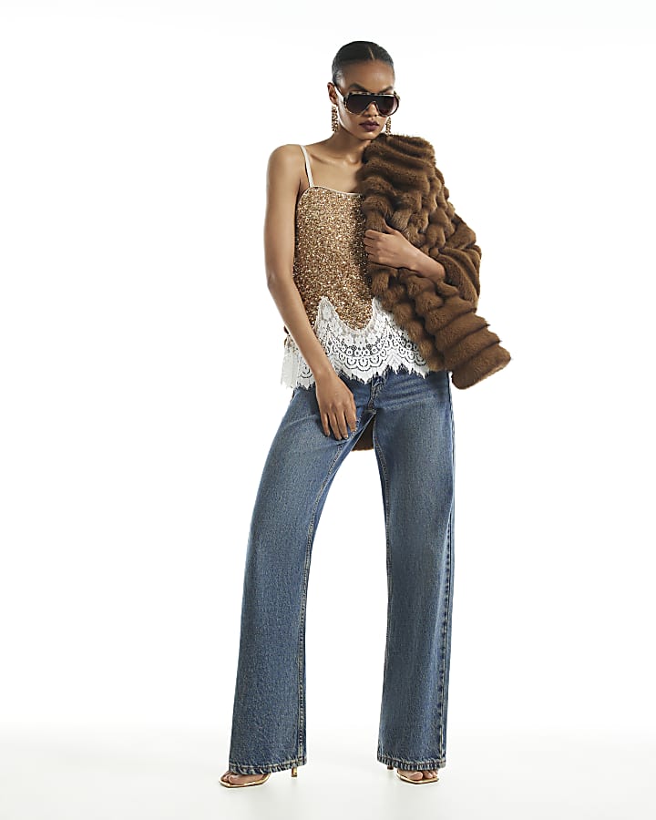 Gold Sequin Lace Trim Cami Top