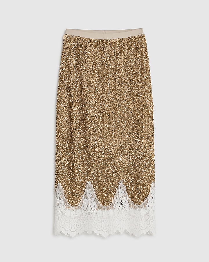 Petite Gold Sequin Lace Trim Maxi Skirt
