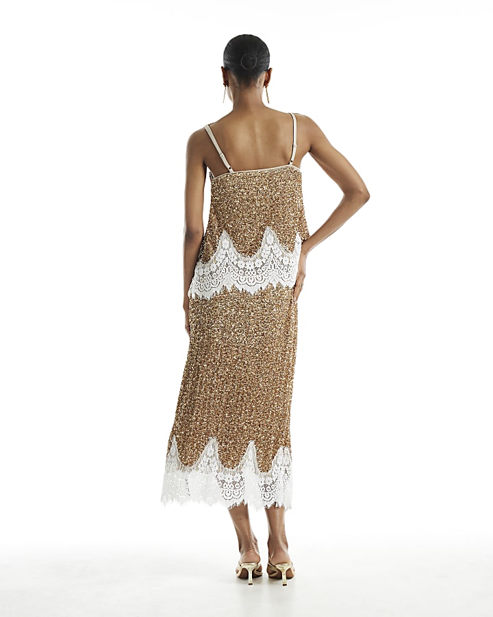Gold Sequin Lace Trim Maxi Skirt