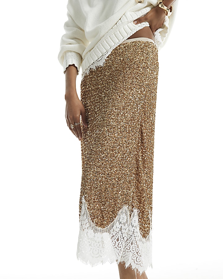 Gold Sequin Lace Trim Maxi Skirt