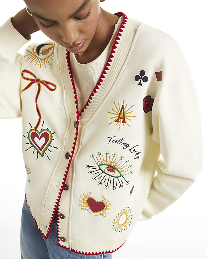 Cream Quirky Boutique Sweatshirt Cardigan