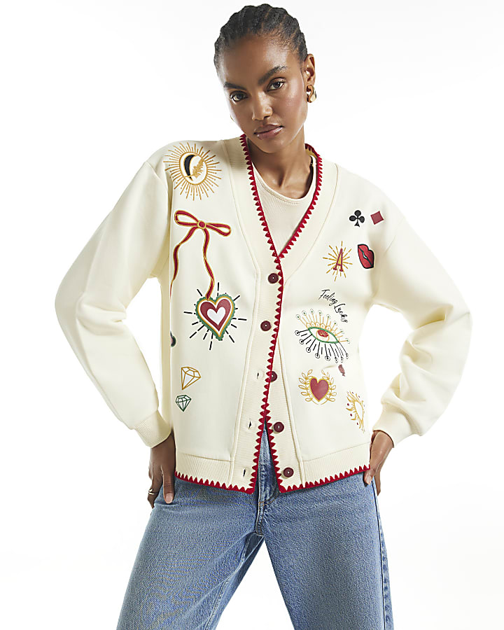 Cream Quirky Boutique Sweatshirt Cardigan