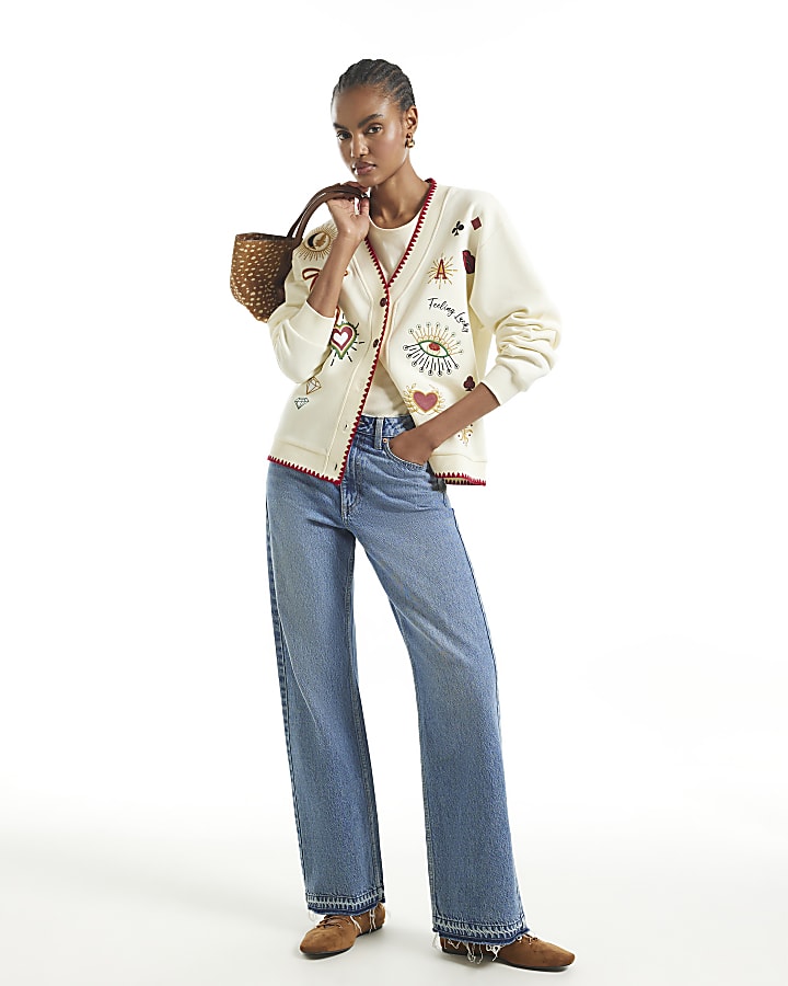 Cream Quirky Boutique Sweatshirt Cardigan