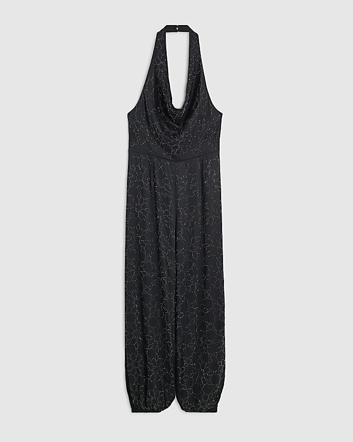 Black Hotfix Cowl Neck Balloon Leg Jumpsuit