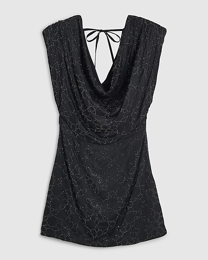 Black Hotfix Cowl Front Mini Dress
