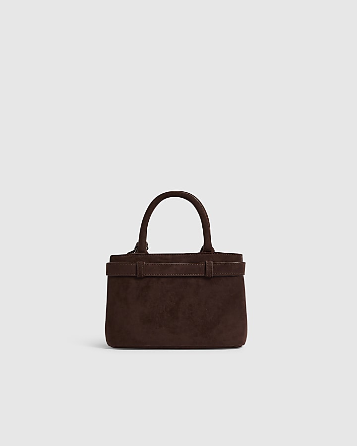 Brown Faux Suede Belt Front Mini Tote Bag