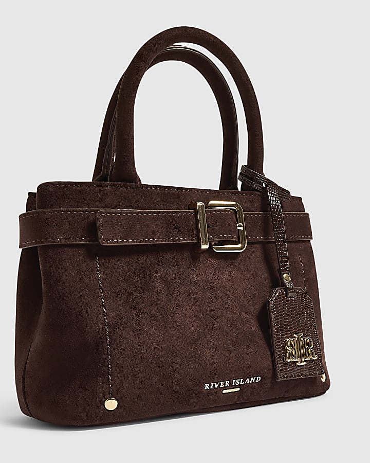 Brown Faux Suede Belt Front Mini Tote Bag
