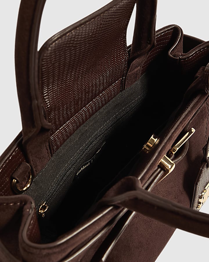 Brown Faux Suede Belt Front Mini Tote Bag