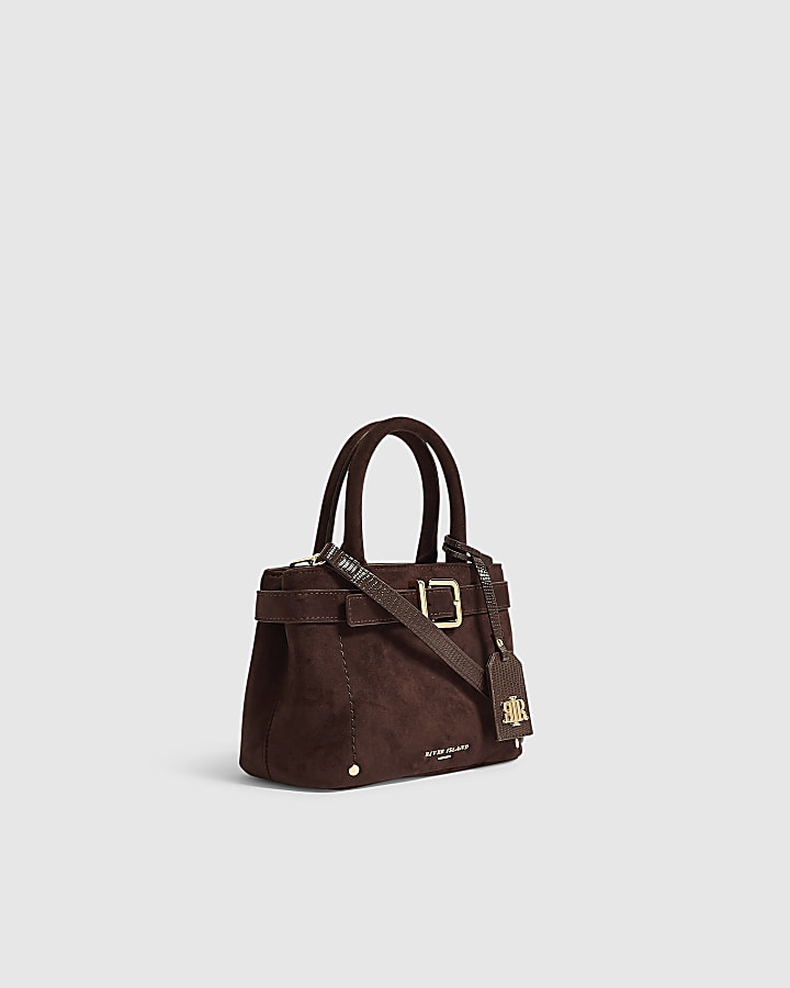 Brown Faux Suede Belt Front Mini Tote Bag