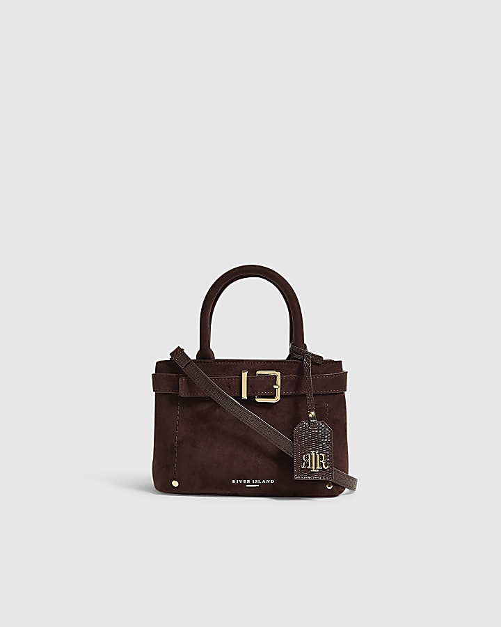 Brown Faux Suede Belt Front Mini Tote Bag