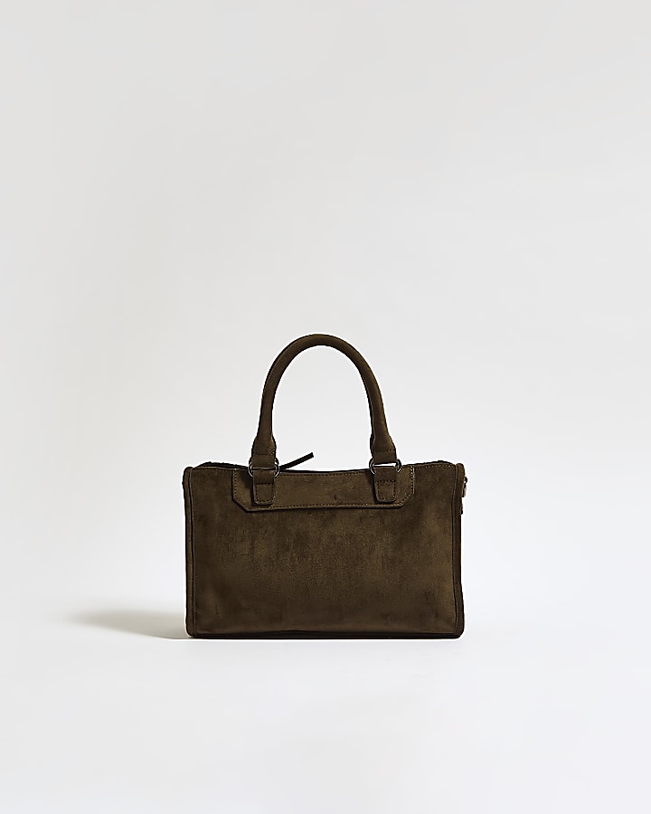 Khaki Faux Suede Zip Panel Tote Bag
