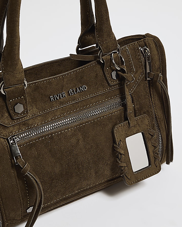 Khaki Faux Suede Zip Panel Tote Bag
