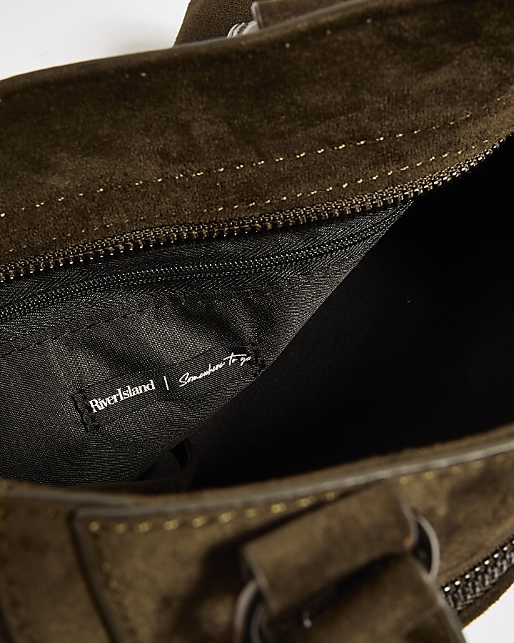 Khaki Faux Suede Zip Panel Tote Bag