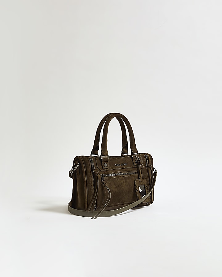 Khaki Faux Suede Zip Panel Tote Bag