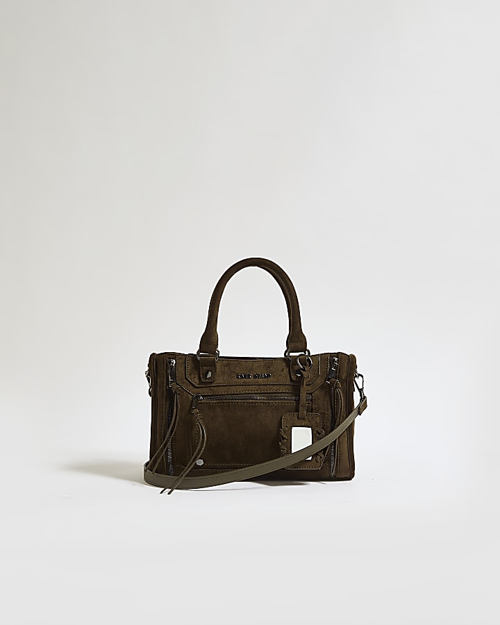 Khaki Faux Suede Zip Panel Tote Bag