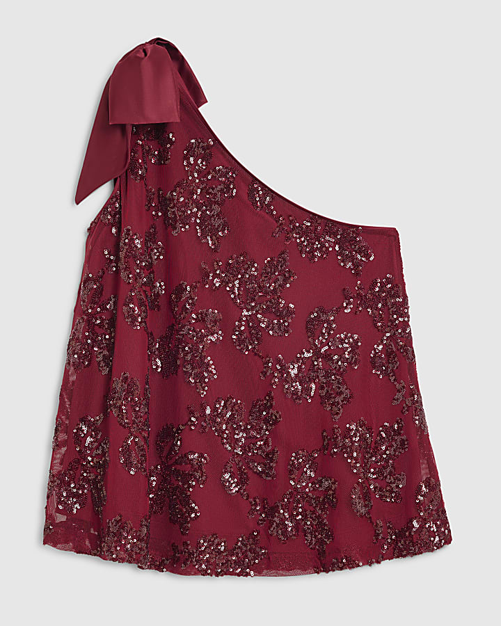 Burgundy Sequin One Shoulder Bow Top