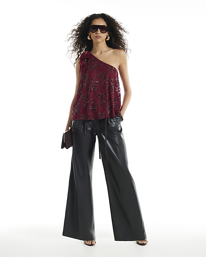 Burgundy Sequin One Shoulder Bow Top