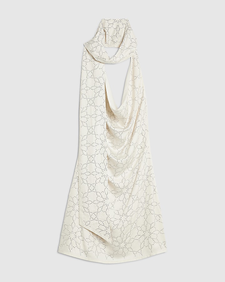 Cream Hotfix Cowl Neck Tie Mini Dress