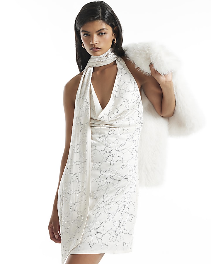 Cream Hotfix Cowl Neck Tie Mini Dress