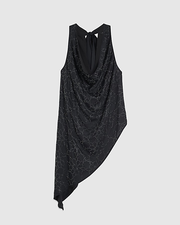 Black Embellished Asymmetric Hem Top