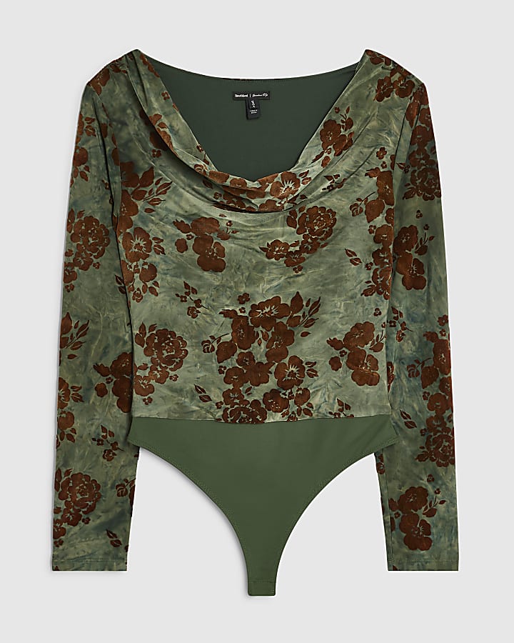 Green Devore Cowl Neck Long Sleeve Bodysuit