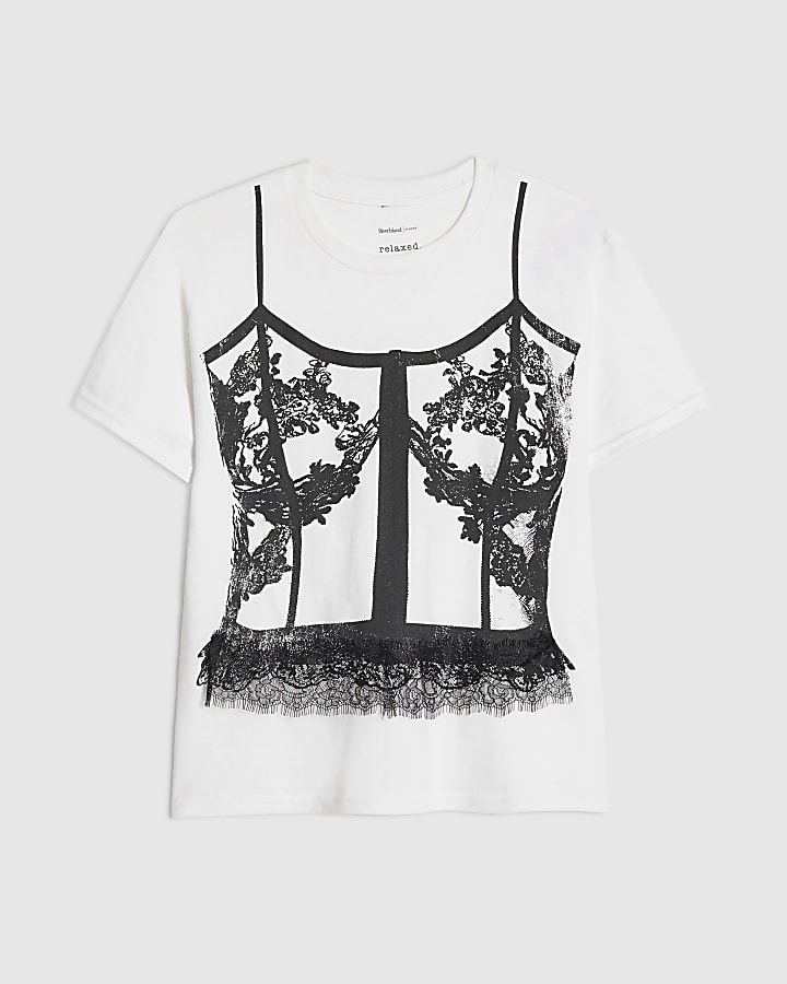 White Lace Trim Corset Print T-Shirt