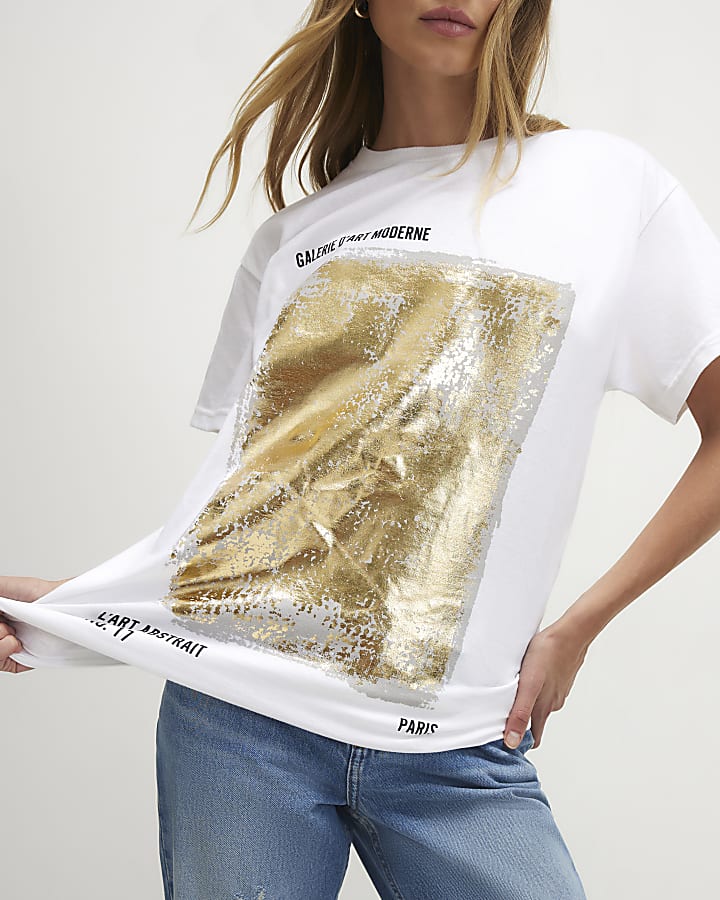 White Short Sleeve Metallic Foil T-Shirt