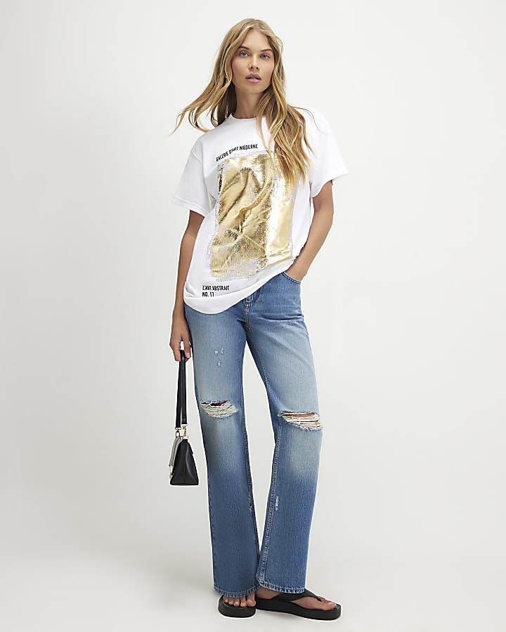 White Short Sleeve Metallic Foil T-Shirt