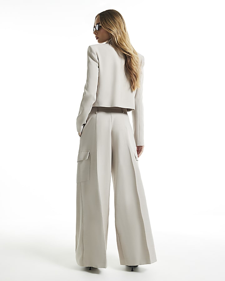 Beige Pocket Wide Leg Tailored Trousers